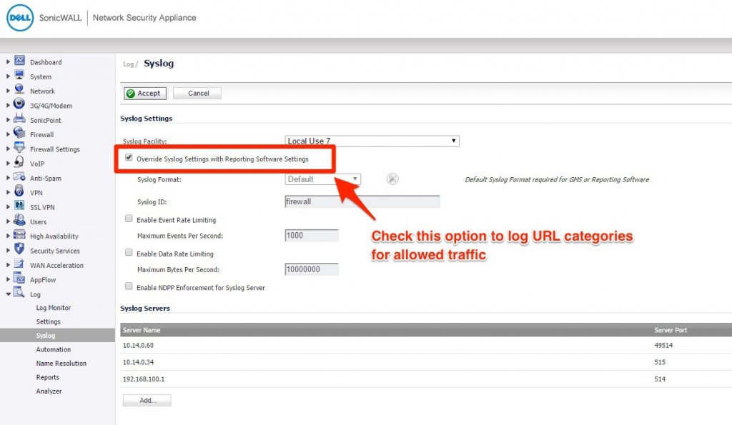 Override Syslog Settings with Reporting Software Settings