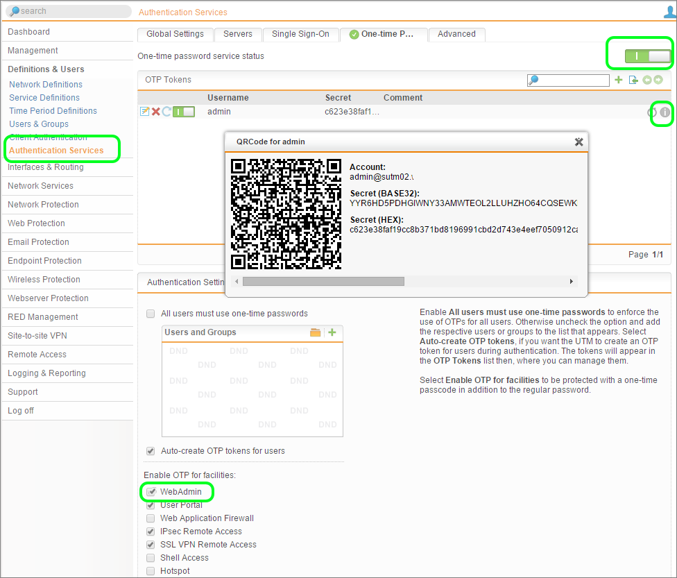 Sophos UTM OTP configuration for Admins - Two Factor Authentication techniques