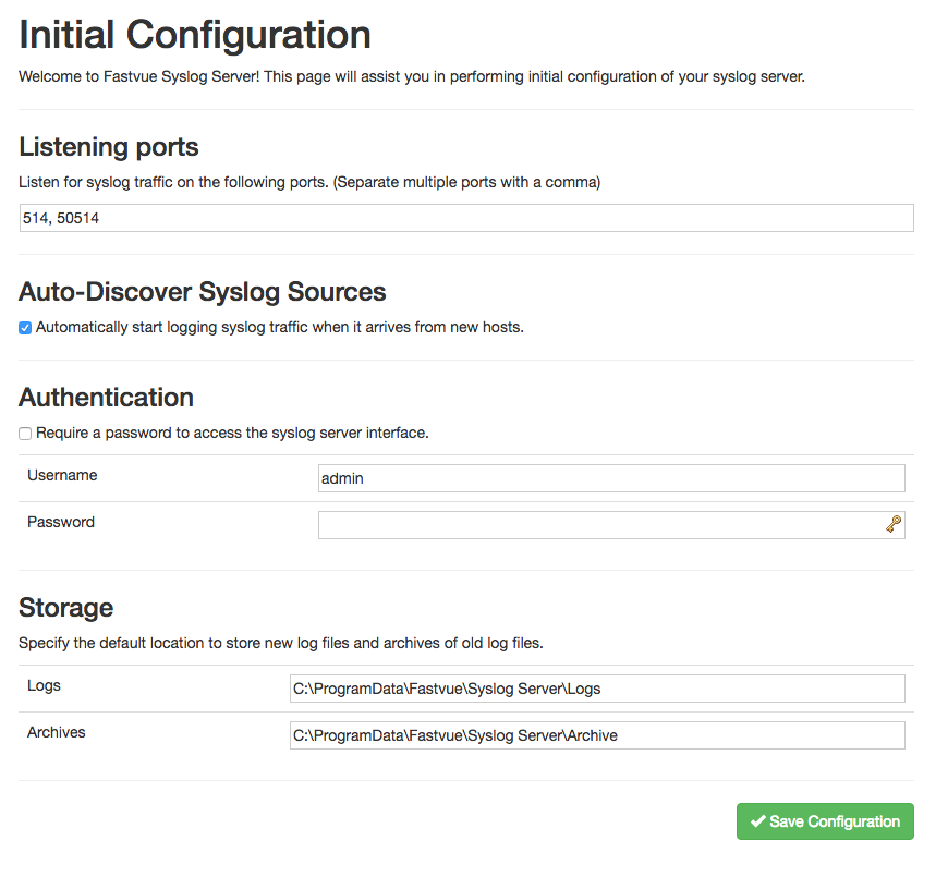 Fastvue Syslog Initial Configuration