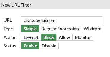 Adding a URL Filter to Block ChatGPT in a Fortinet FortiGate Web Filter profile.