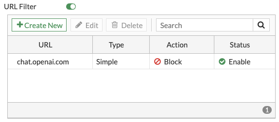 Viewing the URL filter to block Chat GPT in a Fortinet FortiGate's web filter profile.