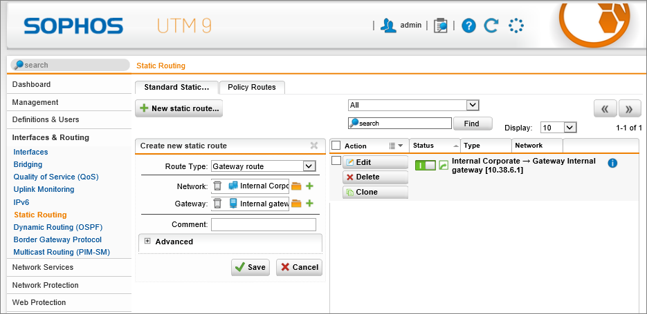 Sophos UTM Deployment - Static Routes