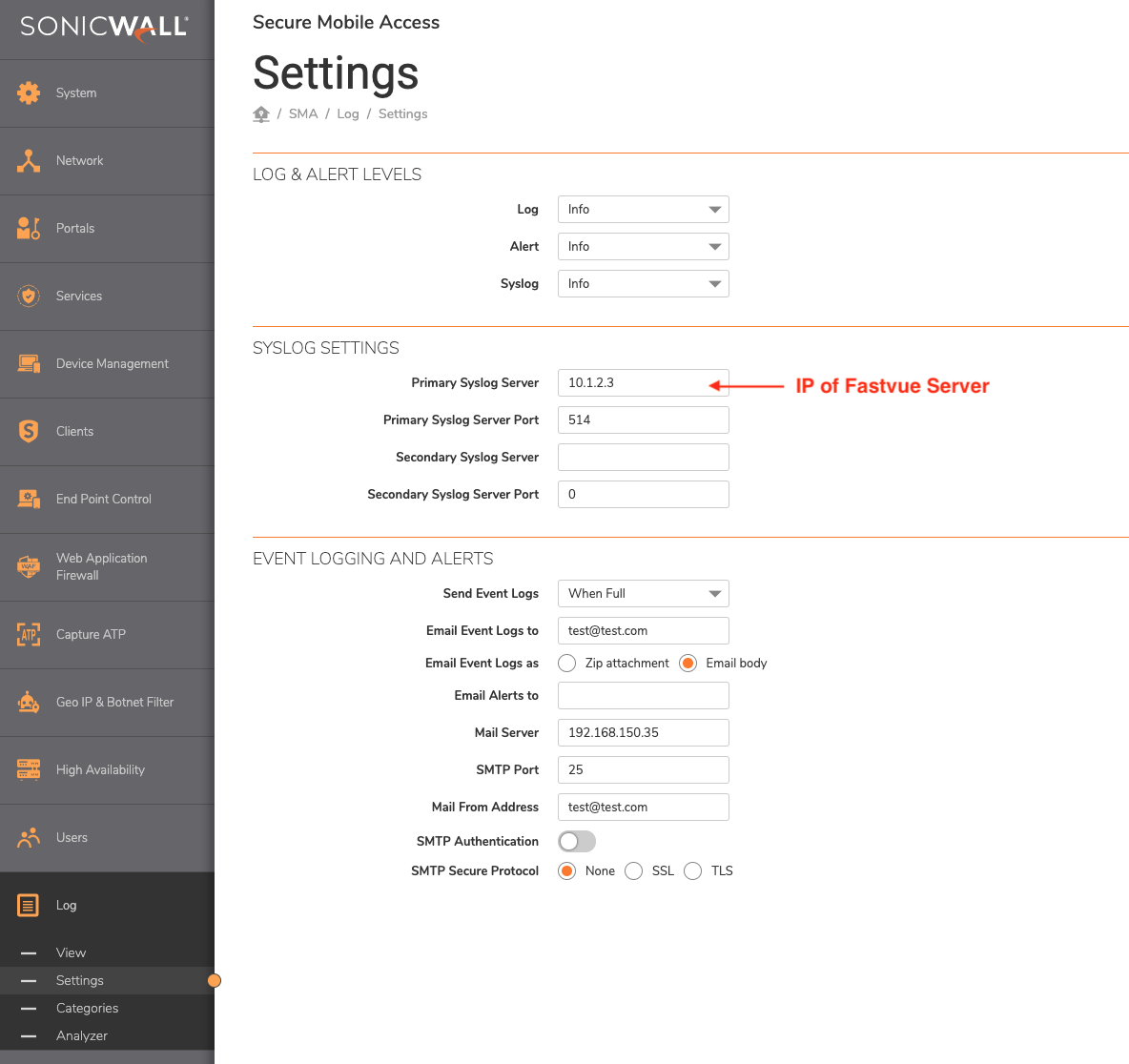 SonicWall SMA Syslog Settings