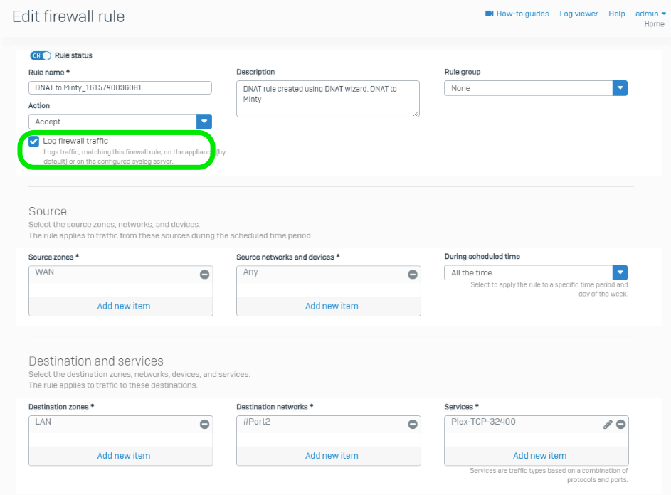 Enable logging on Sophos XG DNAT Firewall Rule